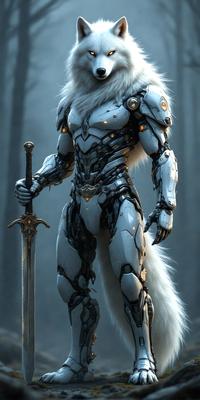 The primary subject of the image is a futuristic robot with a sword in its hand. The robot is standing in a dark environment, which adds to the overall mood of the scene. The visual style of the image is digital art, as it appears to be a computer-generated or digitally rendered creation. The colors in the image are predominantly dark, with the robot being the main focus, and the sword being the only other significant element in the scene.